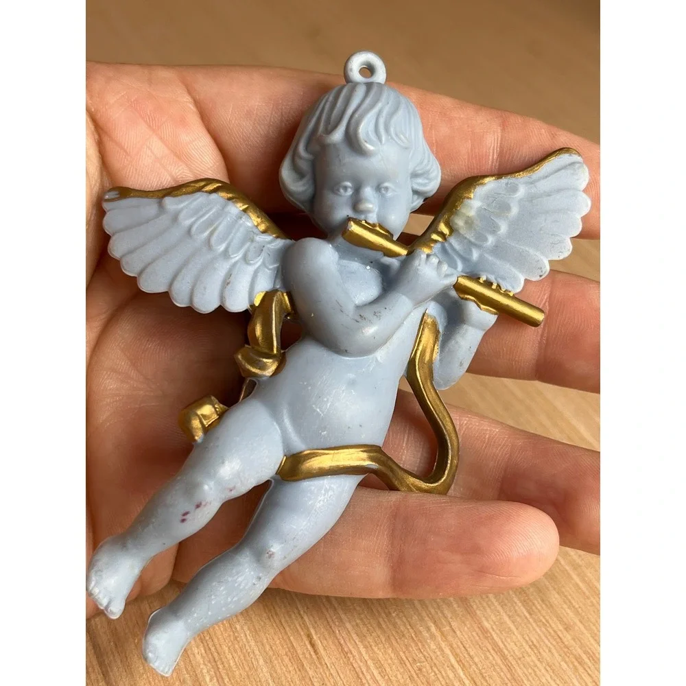 Vintage Light Blue Cherub and Trumpet Musical Christmas Ornaments Gold Accents